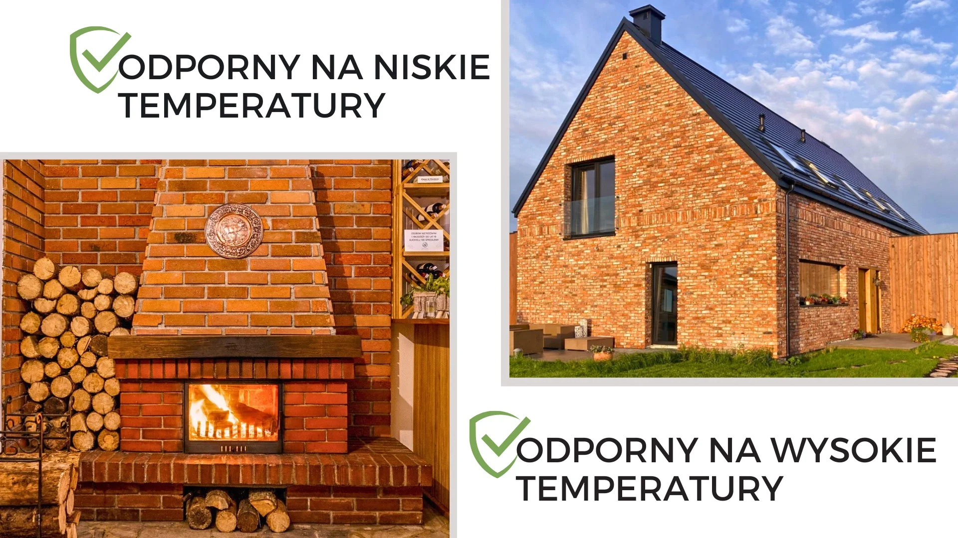 Ceglany kominek w przytulnym wnętrzu oraz nowoczesny dom z elewacją z czerwonej cegły. Klej do cegły odporny zarówno na niskie, jak i wysokie temperatury.