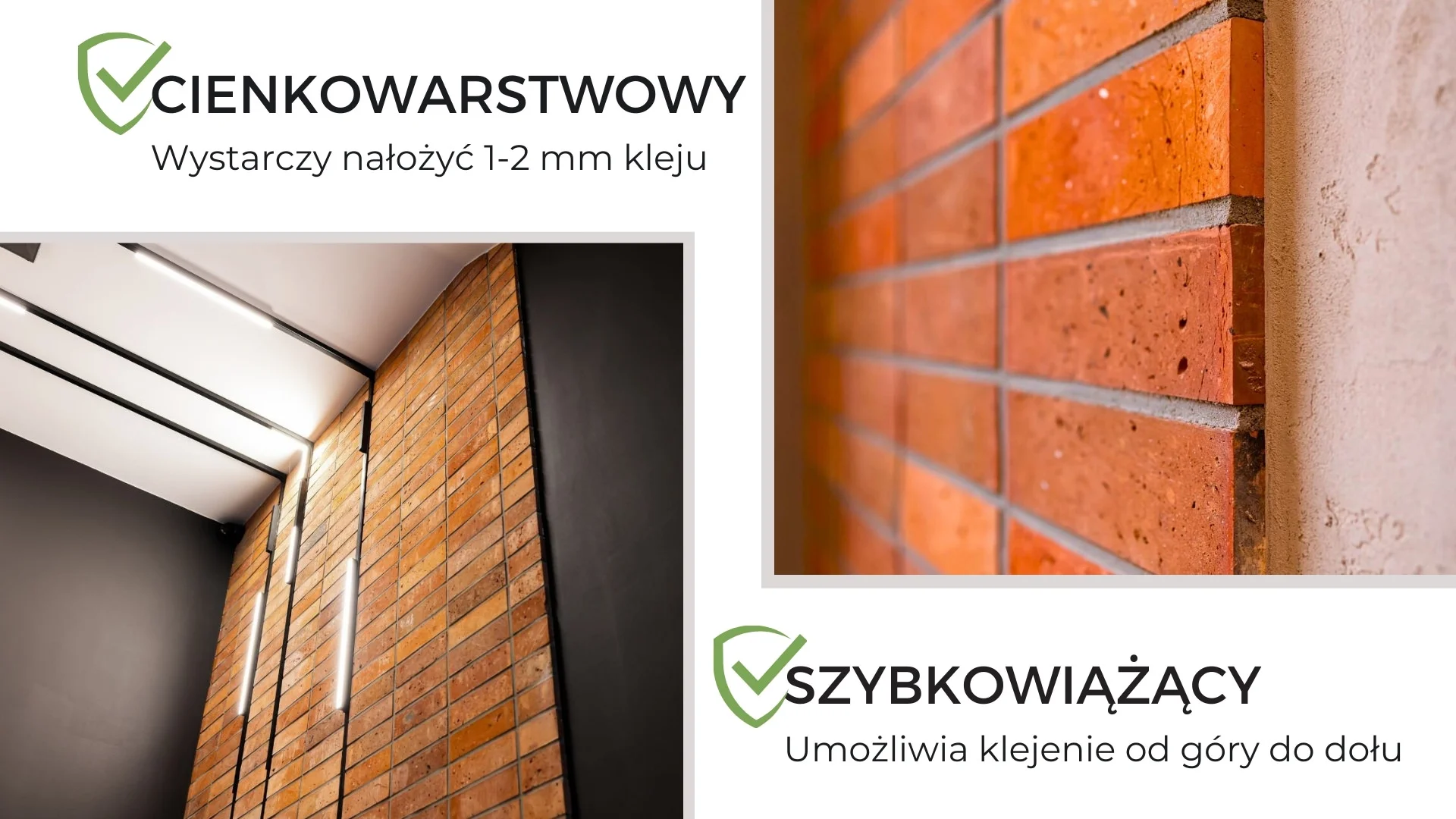 Ceglana ściana w nowoczesnym wnętrzu z zastosowaniem cienkowarstwowego, szybkoschnącego kleju. Detal montażu płytek ceglanych oraz gotowa aranżacja z industrialnym oświetleniem.