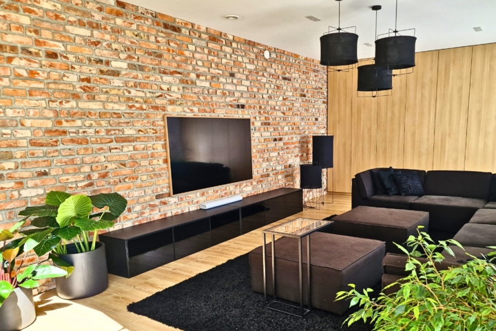 Nowoczesny salon z ceglaną ścianą, telewizorem, czarną sofą i roślinami